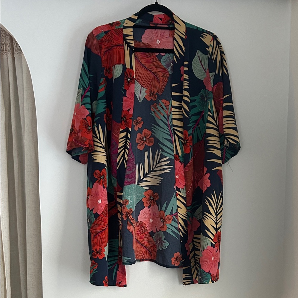 SHEIN Curve Floral Kimono with Pink and Green Hues